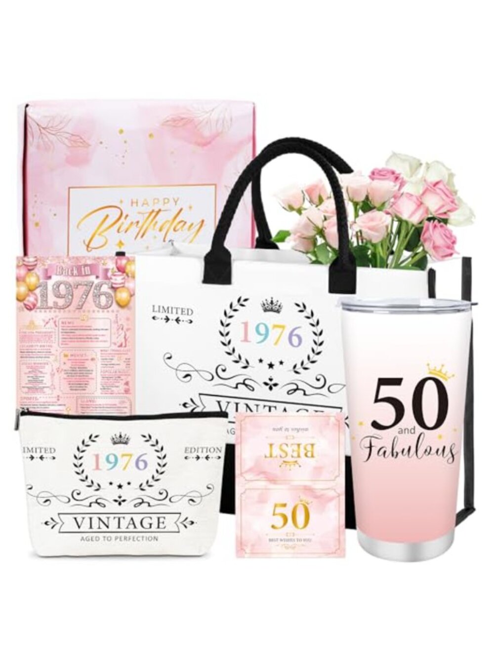50th Birthday Gift Set for Women Vintage Tote Bag Makeup Bag Tumbler